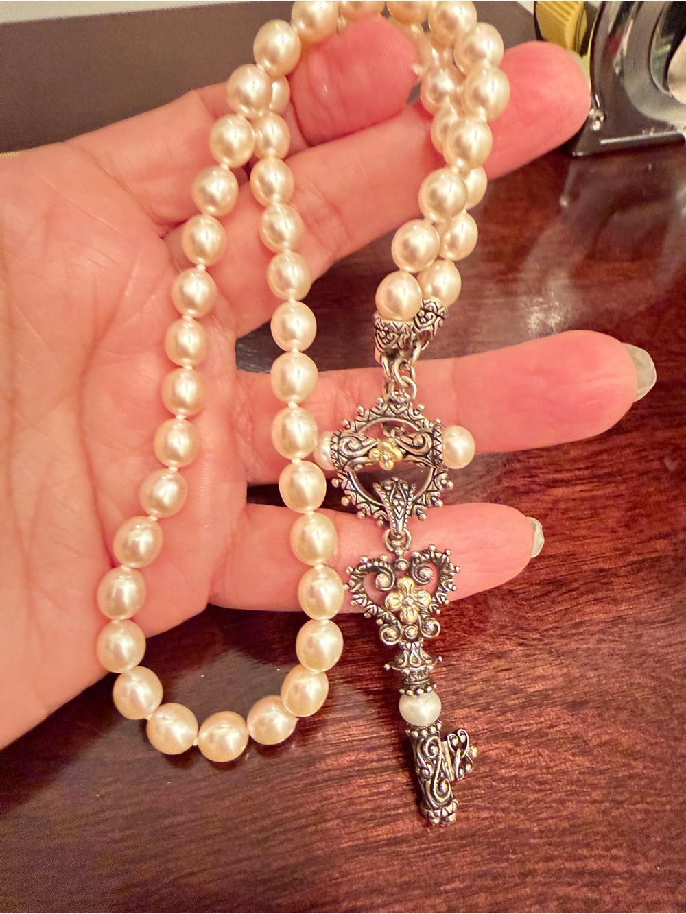 barbara bixby 925 18k pearls necklace with key pendant never worn !